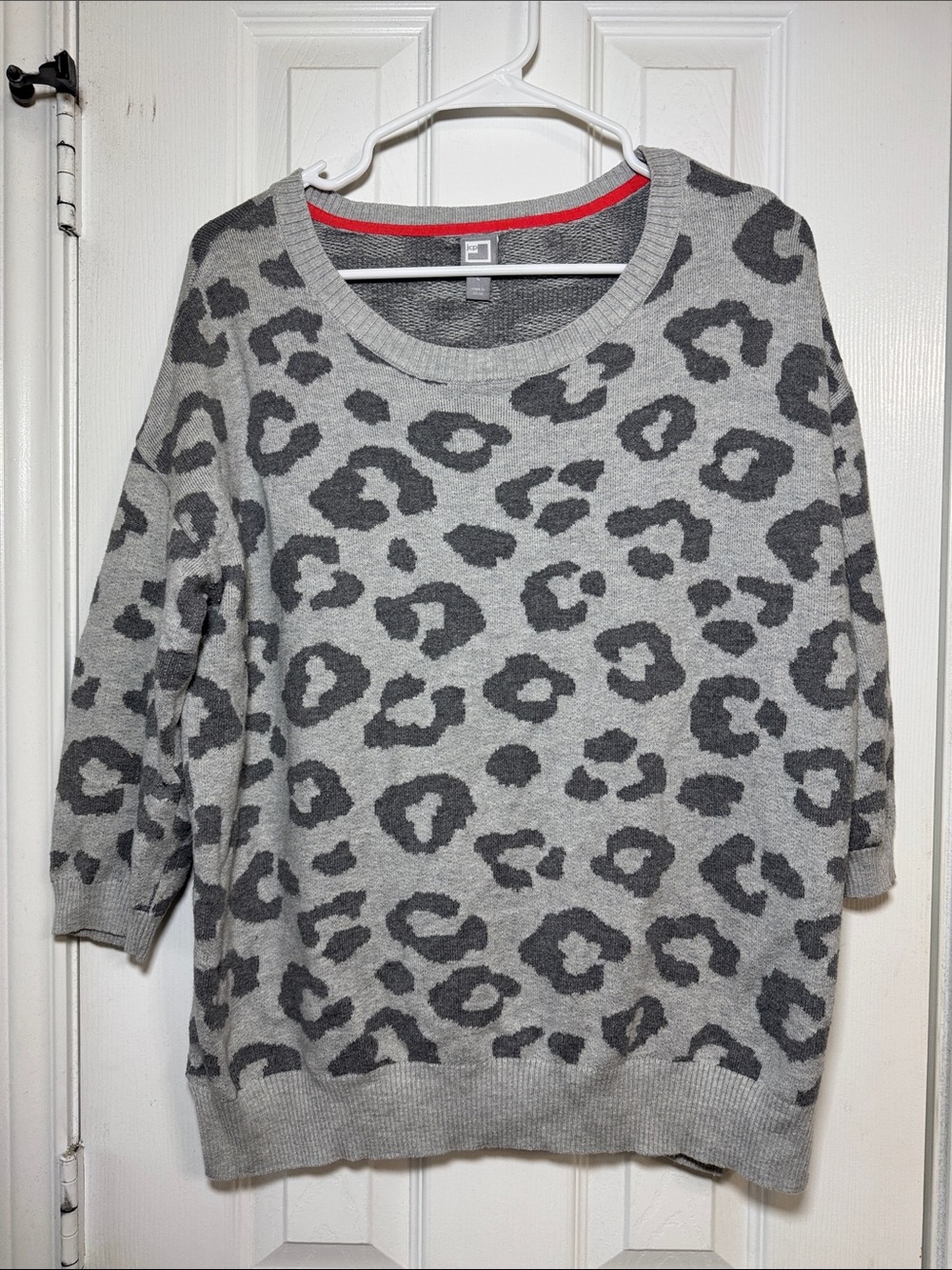 Gray Leopard Print Crewneck Sweater with Red Trim
